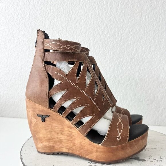 NEW Lane Boots BECCA Womens Brown Wedges 5 Western Cowgirl Wooden Heeled Sandals - Picture 2 of 11